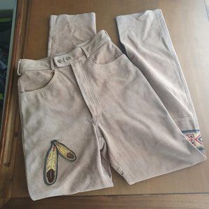 Vintage high waisted tan suede pants with leather patches size 10